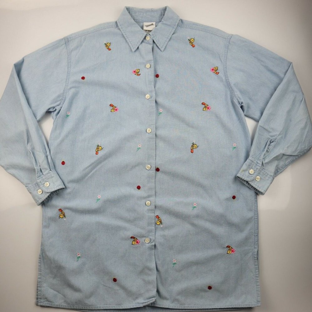 Vintage 1999 Warner Bros Tweety Denim Chambray Embroidere Button-up Shirt Medium